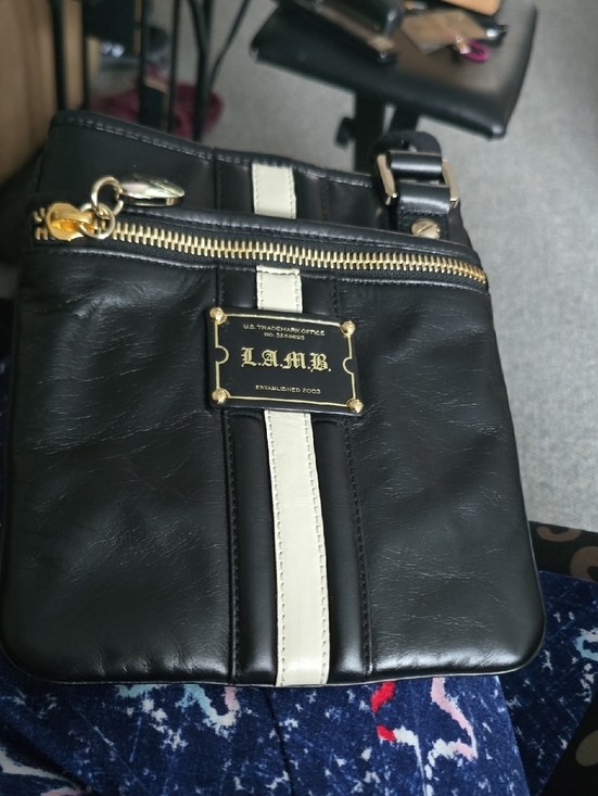 L.A.M.B. Handbags - L.A.M.B. Black and Cream Vertical-Stripe Crossbody with Gold Plaque